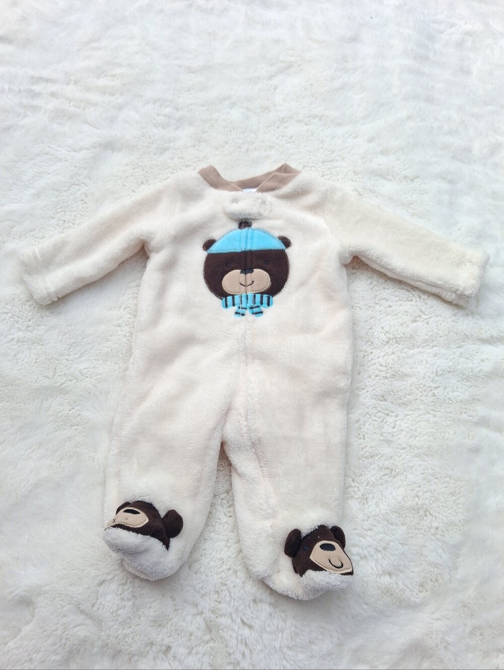 Cozy Cream Bear Applique Fleece One-Piece for Kids Size NEWBORN